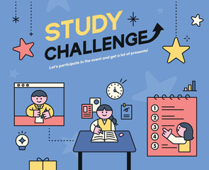 Education. Students studying hard and taking exams. Study challenge advertising banner.