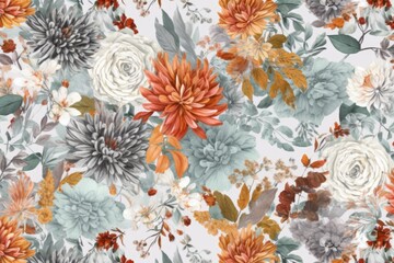 Obraz na płótnie Canvas Floral Pattern with Orange and Grey Flowers Generative AI