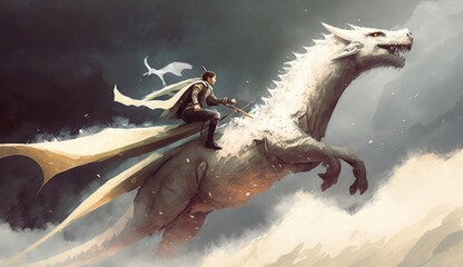 Obraz na płótnie Canvas man riding on the white flying dragon against a cloudy sky, illustration painting, Generative AI
