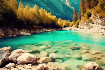 Obraz premium scenic river flowing through a rocky landscape with lush trees Generative AI