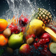 various Fruits splash on water with Generative AI.