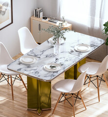 Luxurious dining room with a large marble table and white chairs beside window.   white  wall with a painting. wooden floor with drawer sideboard cabinet  3d rendering.