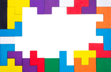 Multi-colored puzzle laid out in the form of a frame isolated on a transparent background. Space for text in the middle.