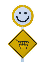 Shopping cart and smiley sign isolated on white background with clipping path