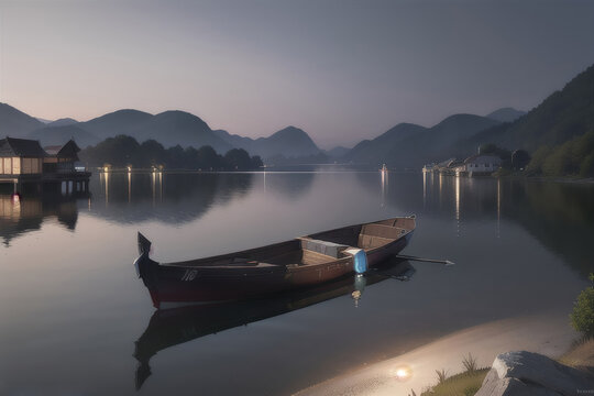 Beautiful Landscape Image of a Row Boat floating on a Calm Lake, Distant Trees and Mountains Generative AI Illustration