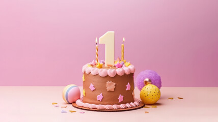 Birthday cake with one candle on pink pastel background. Generative AI.