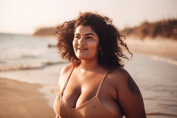 Obraz premium Beautiful young curvy Greek woman on the beach. Photorealistic illustration generative AI.