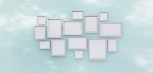 group of picture frames on the wall Picture frames on colored walls blank poster Empty picture frame mockup for pictures or photos Realistic blank template 3D illustration