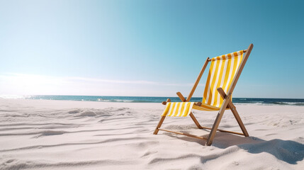 A yellow beach chair on a beach with the sun shining on it. - obrazy, fototapety, plakaty