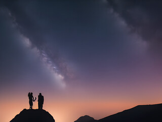 Silhouette of young couple hiker were standing at the top of the mountain looking at the stars and Milky Way over the twilight sky