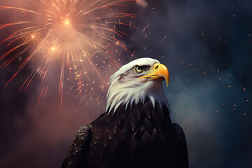 USA 4th of July Independence day bald eagle with firework on night sky American Generative AI