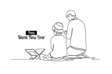 Continuous one line drawing Happy Islamic new Year concept. Single line draw design vector graphic illustration.