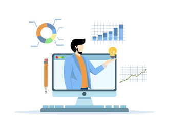 Business consultant, strategy and analysis concept, online presentation or conference call, advisor or expertise, smart businessman from computer laptop monitor giving some advice with analysis chart.