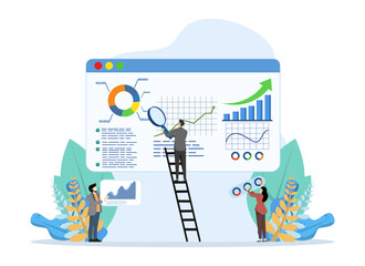 Data Analyst concept, Show Data business team characters researching big data statistics, analyzing company data, UI, web, app intro card, editorial, flyer and banner, Flat Vector Illustration.
