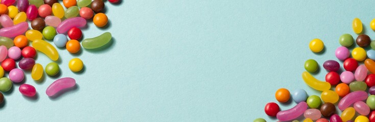 ゼリービーンズ、グミ、チョコレートなどのカラフルなお菓子による背景テクスチャー