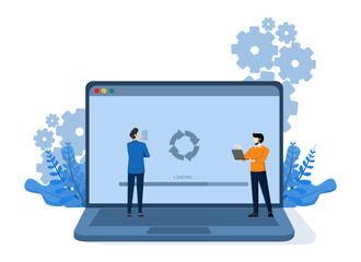 System Update concept,with people updating operating system, updating computer software. Perfect for landing page, ui, web, app intro card, editorial, flyer and banner, Vector Illustration.
