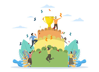 leadership qualities in creative team, direction to success path, business team standing on big cake happy for winner, successful career path, flat vector illustration on white background.