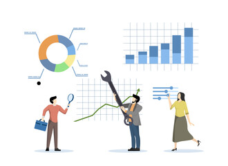 Data analysis and optimization for SEO, analyze business trends, marketing research users and customer behavior, business people use magnifying glass and optimize tools to analyze charts and graphs.