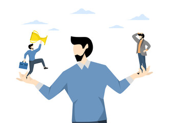 Social comparison anxiety, discouraged from failure, loser or self motivation problem concept, comparing yourself to others, man standing on his hands comparing other side to fellow winners.