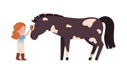 Girl kid combs coat of horse flat vector illustration isolated on background.