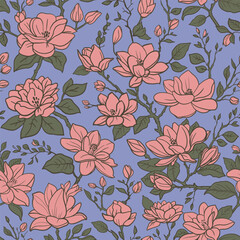 Seamless vector spring floral pattern. Magnolia branches with flowers and leaves