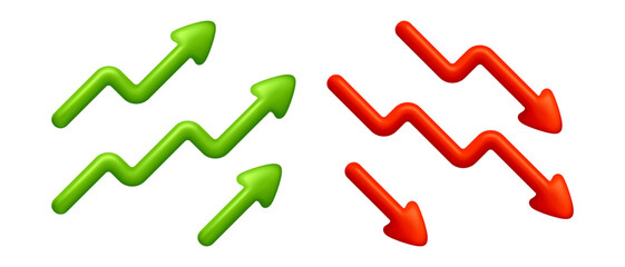 Set of 3D green and red arrows pointing up and down, down and profit. Arrows for charts, business and finance indicating success and failure