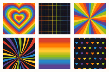 Set of pride month abstract backgrounds. Lgbt flag colored heart shape, grid, swirl, rays, gradient. 