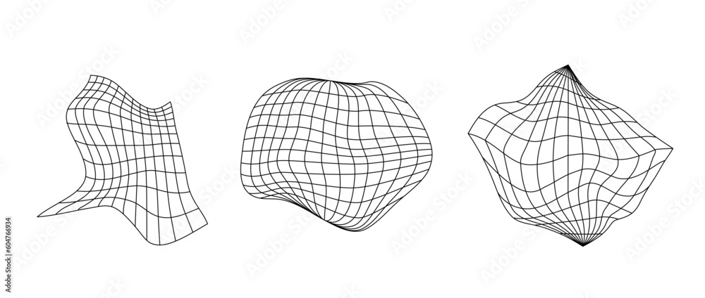 Poster distorted wireframe elements collection. geometric surface grid set. distorted rhomb and sphere shap