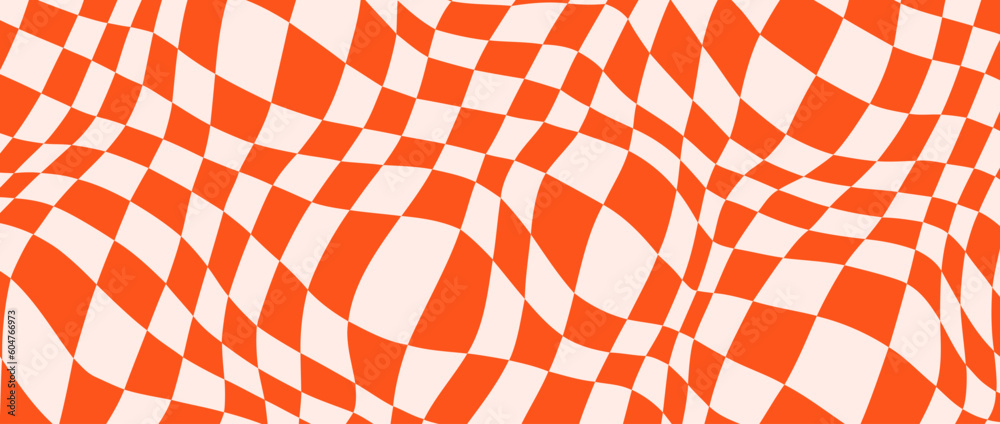 Aufkleber Trippy checkerboard background. Orange retro psychedelic checkered wallpaper. Wavy groovy chessboard surface. Distorted and twisted geometric pattern. Abstract vector backdrop