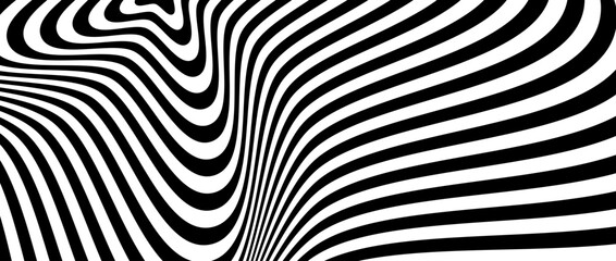 Optical illusion background. Black and white abstract spinning lines surface. Poster design. Torsion spiral illusion wallpaper. Vector illustration - obrazy, fototapety, plakaty