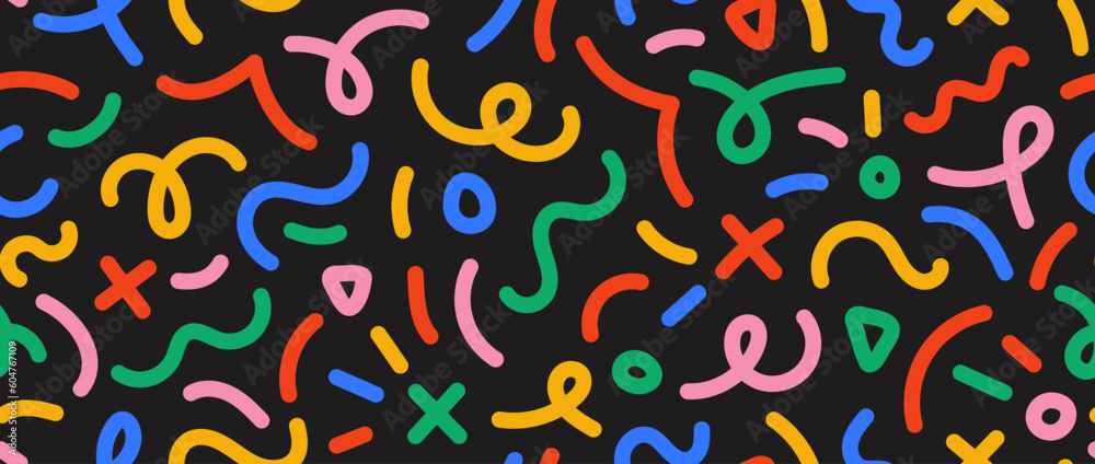 Poster Colorful doodle seamless pattern. Abstract squiggle repeating background. Simple scribbles and shapes wallpaper. Textile or fabric print design swatch. Vector backdrop.
