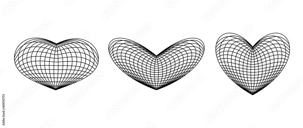 Poster wireframe heart shapes set. grids. grid design element. love or cardiology concept for posters, temp