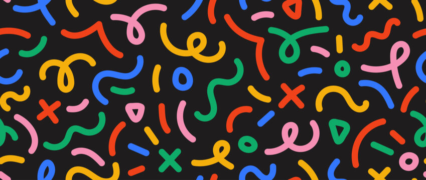 Colorful doodle seamless pattern. Abstract squiggle repeating background. Simple scribbles and shapes wallpaper. Textile or fabric print design swatch. Vector backdrop.