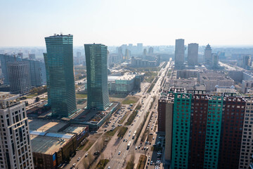 Obraz premium View of city center of Nur Sultan, the capital of Kazakhstan. Shooting from drone in Astana