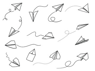 Set of vector illustration of hand drawn paper plane. doodle airplane