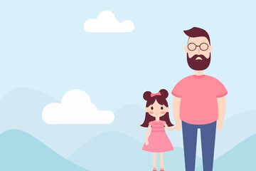 fathers day banner with copy space illustration, children's day banner with copy space illustration, cute girl and father illustration