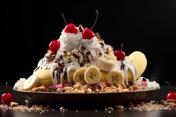 Delicious closeup of banana split ice cream with toppings in front of black background using generative AI