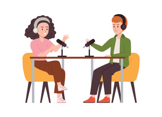 Bloggers with microphones record podcast or stream vector illustration isolated.