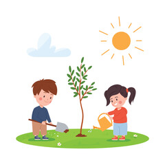 Cartoon children gardening and planting tree, flat vector illustration isolated.