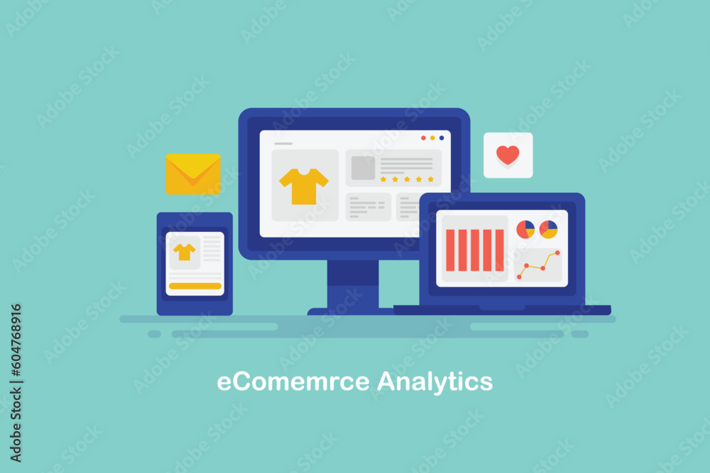 Wall mural business intelligence and data analytics report on laptop screen, ecommerce website on computer and 