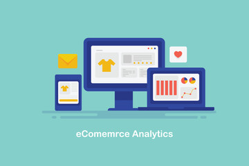 Business intelligence and data analytics report on laptop screen, ecommerce website on computer and shopping application on mobile screen, information related to online retail store. 