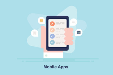 Person using mobile app software, communication and workflow management, message, task scheduling and organise, business application on smartphone screen, vector illustration banner.