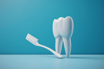 White tooth and toothbrush on a blue background Generative AI