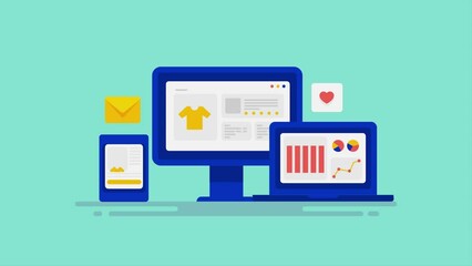 Ecommerce analytics software displays sales, conversion, user experience, product development and inventory report, data related to online shopping on digital screen, video animation. 