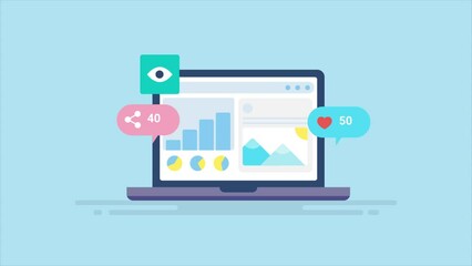 Social media campaign data analytics report and metrics on laptop screen, post content and advertising performance stats information, video animation concept. - Powered by Adobe