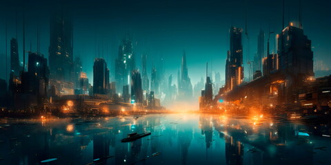 otherworldly city with floating buildings and glowing neon lights Generative AI