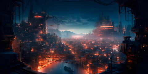 Fototapeta premium otherworldly city with floating buildings and glowing neon lights Generative AI