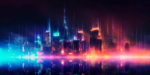 abstract futuristic cityscape with towering skyscrapers and neon lights in the night sky. Generative AI