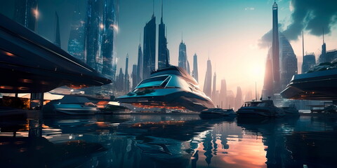 futuristic harbor with advanced boats and ships docked amidst a beautiful city skyline. Generative AI