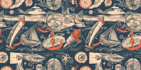 pattern with a nautical theme, featuring anchors, ropes, and other maritime elements.Generative AI